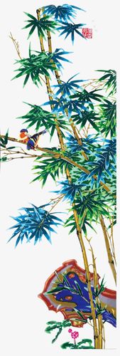 竹子 鸟 屋檐 手绘