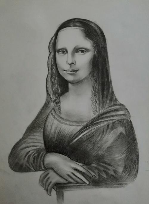 素描《蒙娜丽莎》,小家伙布置的作业,硬着头皮画完的