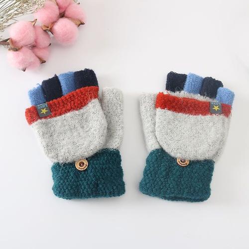 冬季保暖儿童手套可爱卡通露指翻盖半指毛线针织男女童学生写字用娜