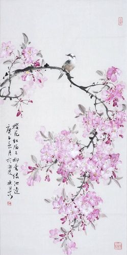 三尺整张,精品写意樱花,竖幅国画