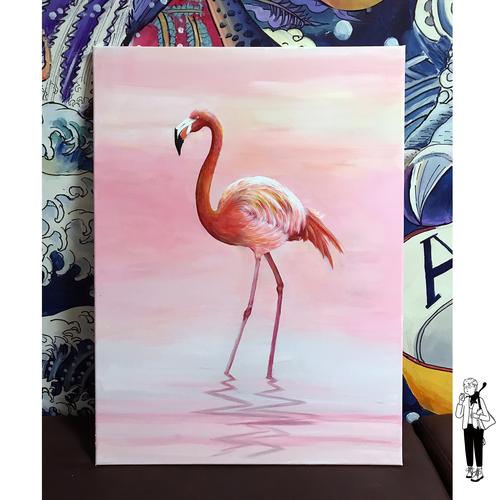 纯手绘墙画挂画火烈鸟简约北欧现代丙烯画油画肌理可定制糙伙独家