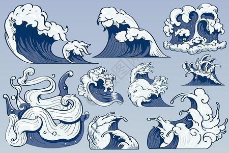 日本青鱼手绘风格海浪插画