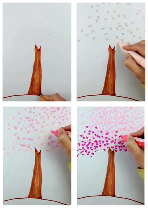 先用咖啡色的马克笔在白纸上画上樱花树的树干,接着用浅粉,粉色,玫