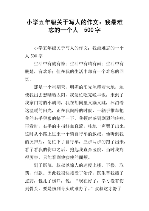 小学五年级关于写人的作文:我最难忘的一个人 500字.docx