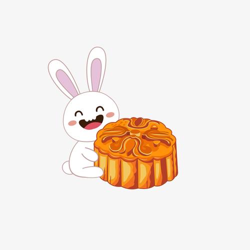 卡通抱着月饼开心笑的小兔子素材