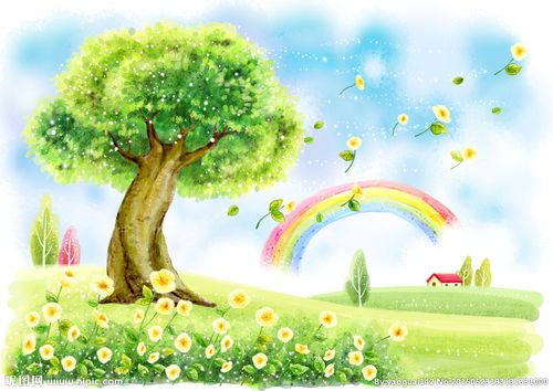 晴空万里夏日郊外彩虹手绘插画图片