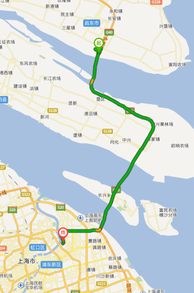 崇启大桥到浦东大道五莲路走沪陕高速公路,五洲大道全程81公里,约2.