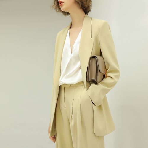 香草色休闲西装女中长款ol西服外套ct1003z