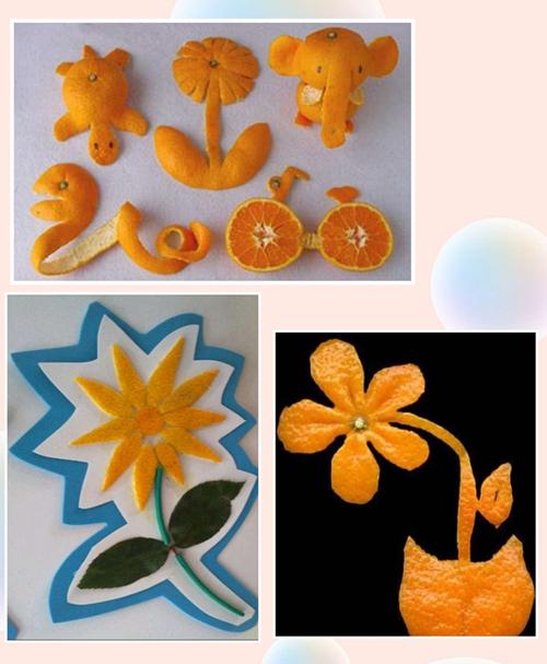 水果的果皮也可以成为我们手工创作的材料呦,拼拼摆摆,果皮就大变身