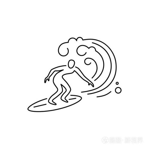 冲浪和大浪. 线条样式矢量插图.