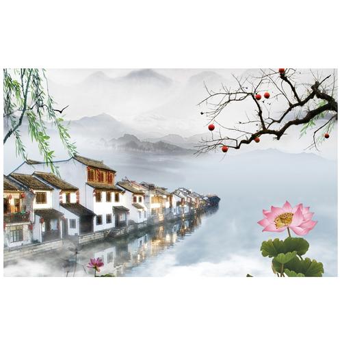 山水画江南床头墙纸壁画客厅装饰画水墨背景墙中式墙贴