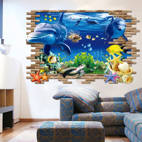 海豚3d墙贴客厅沙发背景墙壁贴画创意装饰卧室立体感海洋贴纸防水