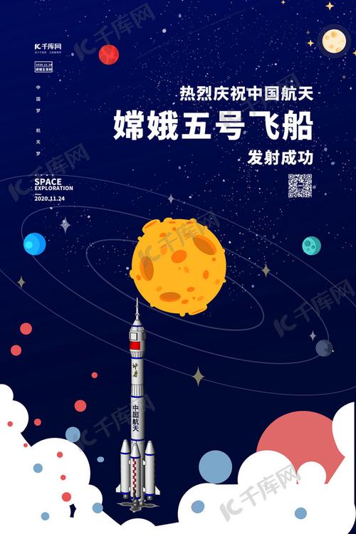 嫦娥五号发送成功蓝色卡通海报