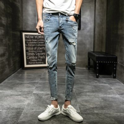 浅色九分牛仔裤男士破洞牛仔裤男士修身韩版乞丐9分小脚裤子潮流