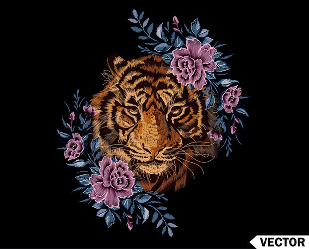 刺绣彩色花纹与虎头民族花卉矢量图