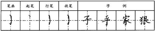 一些写略有弧度的竖画,至一半中点处再平一些弧弯行笔,③到起钩处蹲笔