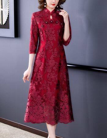 高贵时尚妈妈婚宴婚庆礼服春秋季高端喜婆婆装旗袍改良版婚礼裙女红色
