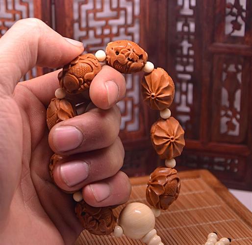 购客橄榄核手串 雕刻刻官帽男女八大男女财神橄榄胡文玩橄榄核雕手链