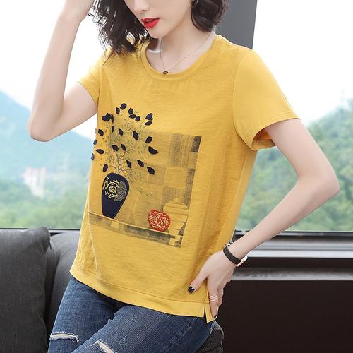 小样传奇宽松短袖t恤女2021夏季新款棉女装上衣大码遮肚印花妈妈款