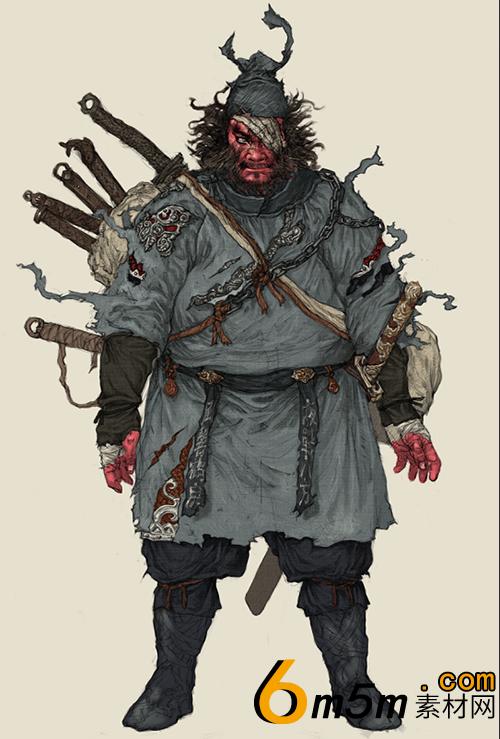 血红色皮肤的独眼屠夫壮汉角色原画