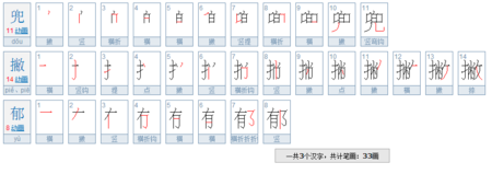 兜,撇,郁.笔顺,笔画数