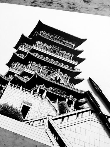 古建筑黑白涂鸦