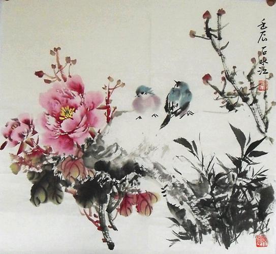 转] 老一代画家石水江牡丹花鸟画