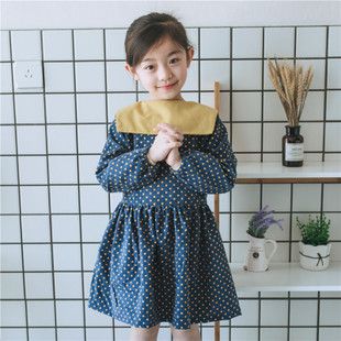布布丁糖糖童装女童连衣裙春秋纯棉海军领儿童裙子长袖圆点裙新款