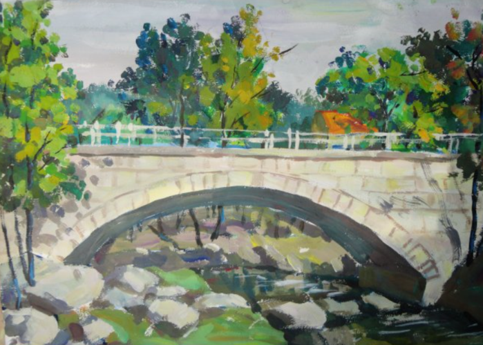 水粉画我家乡的大桥