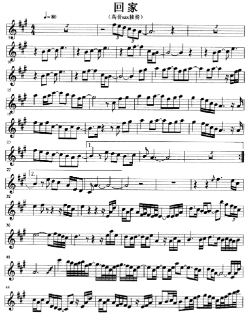 萨克斯曲谱 回家