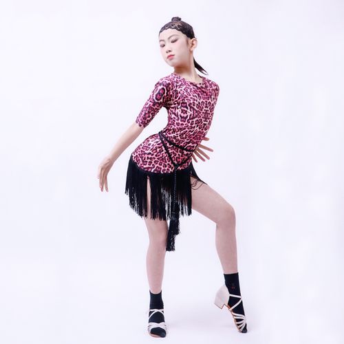 夏儿童拉丁舞服装练功舞蹈服豹纹流苏裙表演服少女弹力连衣裙性感