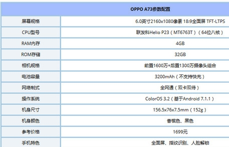 展开全部 oppo a73机型参数如下