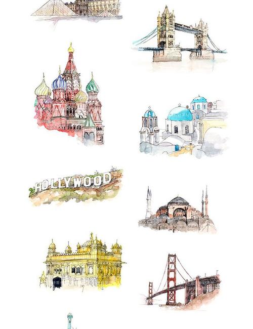 手绘水彩水墨世界风景名胜旅游插画建筑jpg设计素材