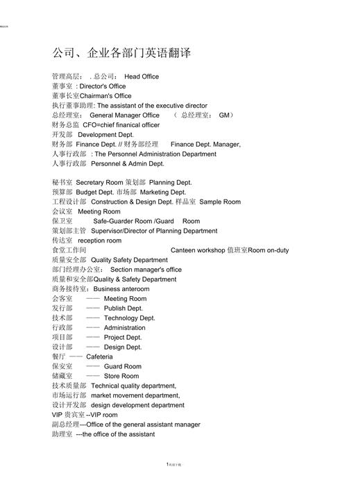 公司各部门英文翻译