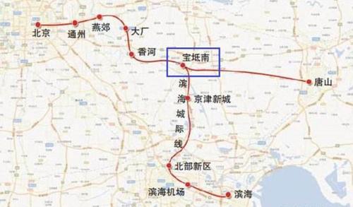 京滨,京唐城际铁路在天津市宝坻区分成两路,宝坻区