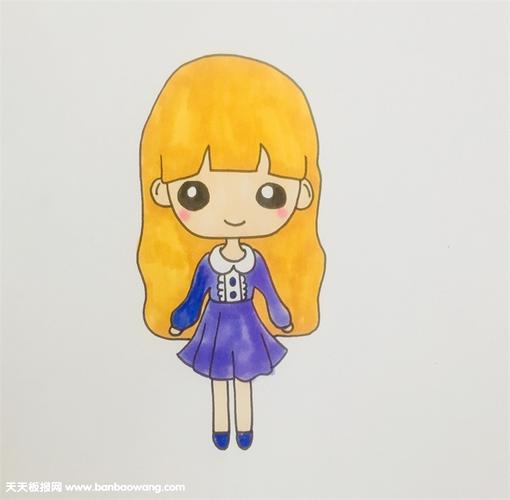 简单漂亮长头发小女孩正面全身简笔画