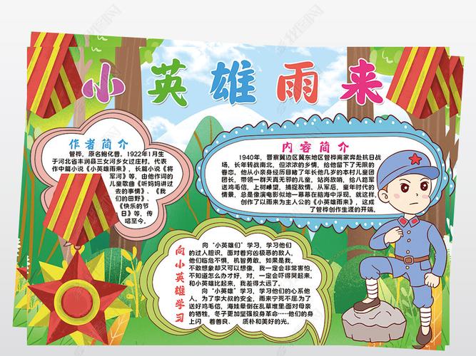 原创小英雄雨来小报模板英雄读书阅读线描手抄报素材版权可商用