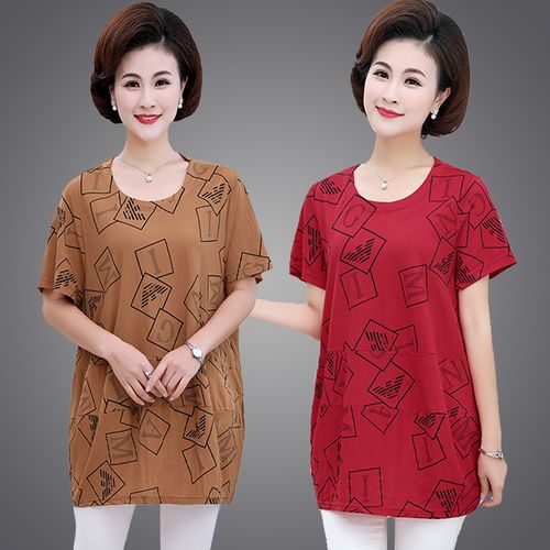 妈妈夏季新品短袖棉t恤中老年女装加肥加大码宽松打底衫韩版上衣