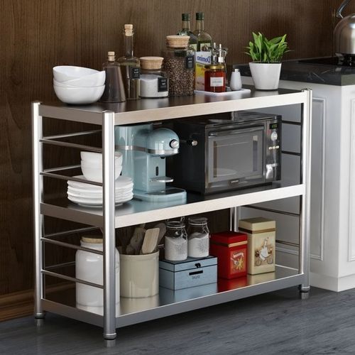 不锈钢厨房置物架落地多层微波炉烤箱放锅储物架子货架三层收纳架