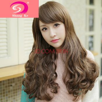 假发头套 女生长卷蓬松斜刘海哑光丝长卷发时尚女士假发套 深棕色