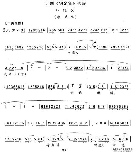 叫张义(《钓金龟》康氏唱段)_京剧曲谱,简谱,曲谱,谱