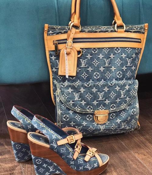 lv 中古牛仔手提包 罕见款牛仔老花琴谱包tote 托特中古包奢侈品包包