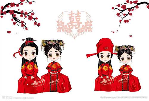 q版新郞唐装新郎新娘新婚夫妻手绘人物手绘古风人物q版新娘q版