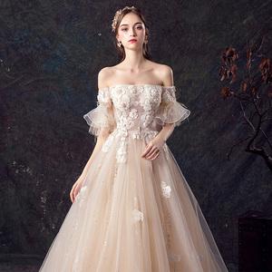 网红抖音款森系轻婚纱礼服2019新款新娘一字肩法式旅拍小个子 女