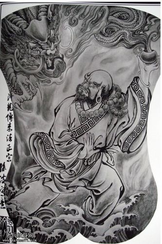 满背黑灰佛纹身手稿图案