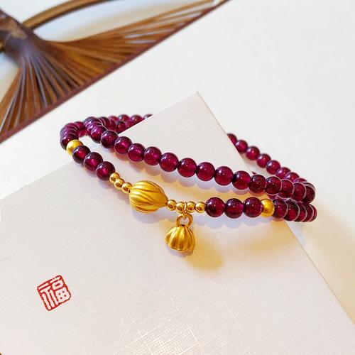 足金999黄金莲蓬纯金莲心金珠手串转运珠双圈石榴石手链女款送礼