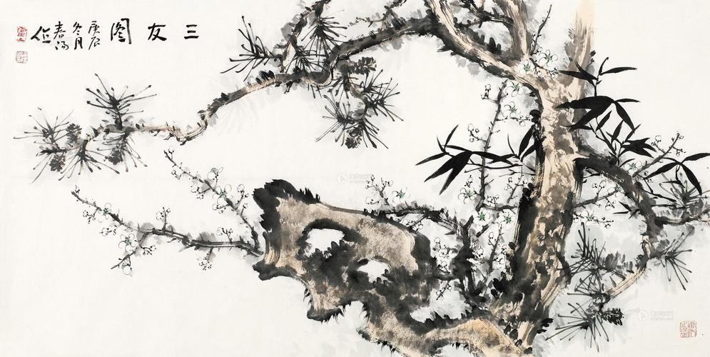 01082000年作三友图纸片设色纸本