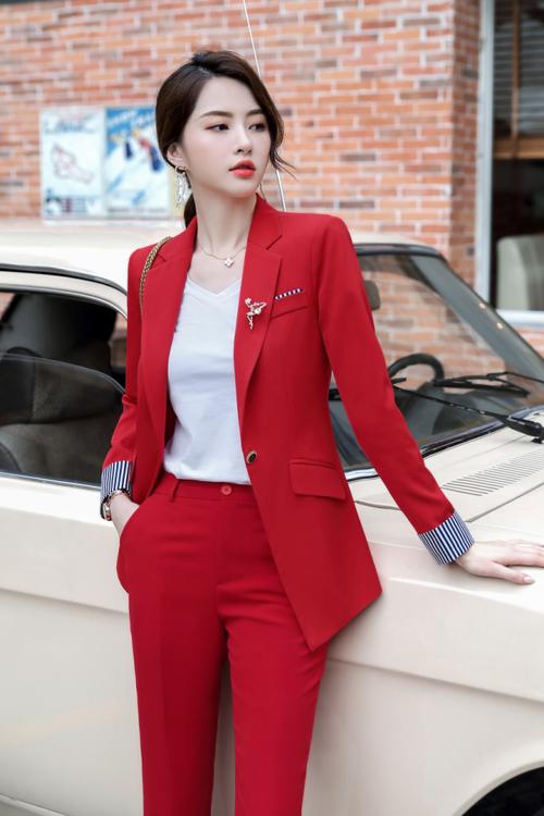 红色西装套装女新款时尚长袖西服套装职业装ol女士气质年会正装
