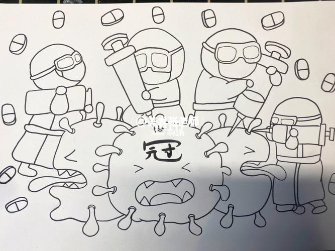 新冠病毒马克笔创意儿童画简笔画(附线稿)_简笔画_儿童画_马克笔_线稿