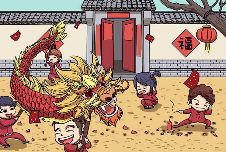 中国风手绘水彩过年场景插画背景春节团圆年味psd新年ps设计素材